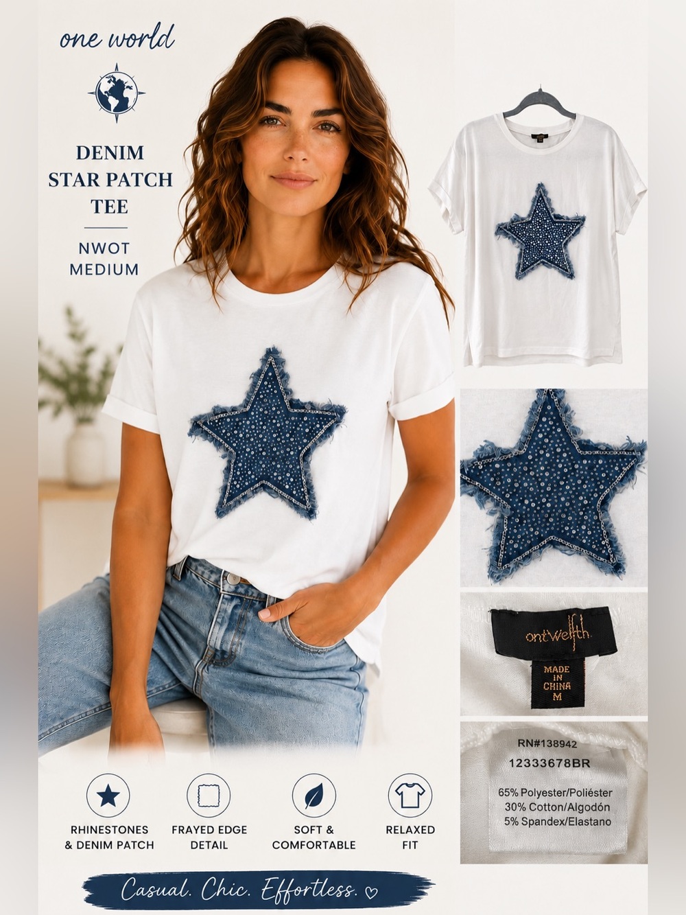 One World Denim Star Patch Rhinestone Tee Top NWOT Frayed Edge Star Western Med